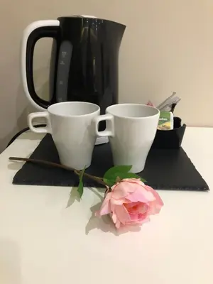 two coffee cups and a pink rose on a table at Family Hotel Avenue in Kiten