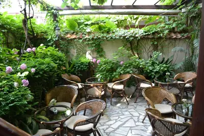 a group of chairs and tables in a garden at More Family Hotel in Sozopol