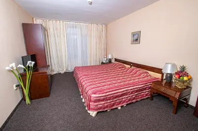 a hotel room with a bed and a table with a bed sidx sidx sidx at Hotel Princess Residence in Kiten