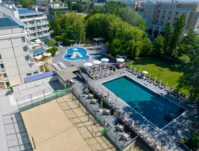 an overhead view of a swimming pool in a resort at Aquamarine Hotel - All Inclusive in Sunny Beach