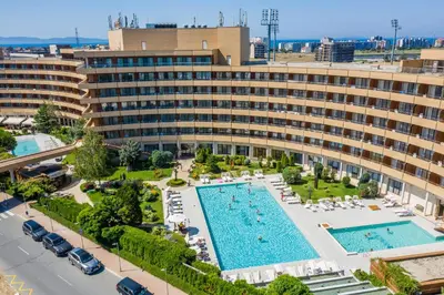 an overhead view of a hotel with a large swimming pool at Grand Hotel Pomorie - Medical spa in Pomorie