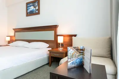 a hotel room with a bed and a table with a picture at Lion Sunny Beach Hotel in Sunny Beach