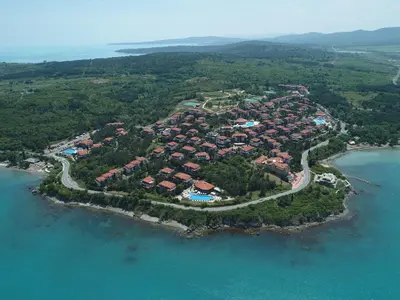 an aerial view of a small island in the water at Santa Marina Holiday Village in Sozopol