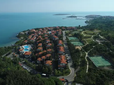 an aerial view of a city next to the water at Santa Marina Holiday Village in Sozopol