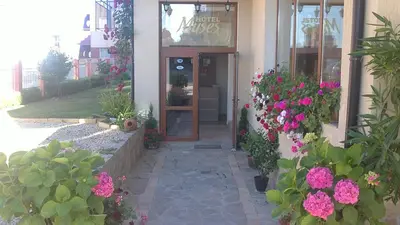 a door to a store with flowers in front of it at Family Hotel Muses in Sozopol