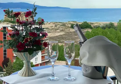 a table with two glasses and a bottle of wine at Karolina Hotel in Sunny Beach