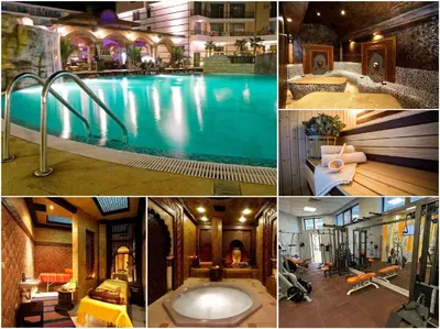 a collage of four pictures of a swimming pool at Karolina Hotel in Sunny Beach