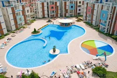 an overhead view of a swimming pool in a building at Sun City I Apartments in Sunny Beach