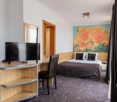 a hotel room with a bed and a desk with a television at Семеен Хотел Опера in Burgas City