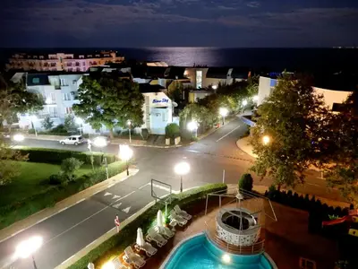 an aerial view of a street at night at Sineva Del Sol Apartments in Sveti Vlas