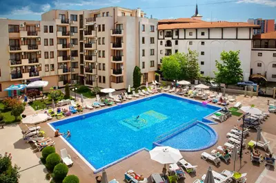 an overhead view of a swimming pool in front of buildings at TSB Sunny Victory in Sunny Beach