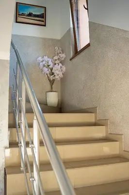 a staircase with a vase of flowers on the wall at Marianas Guesthouse in Obzor