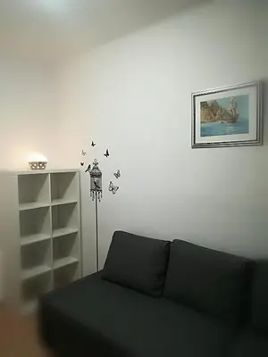 a living room with a black couch and a shelf at Silver House in Varna City