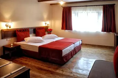 a bedroom with a large bed and a window at Eco Complex Sherba in Debelets