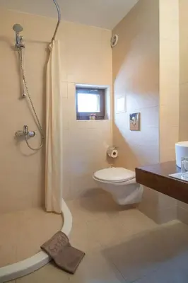 a bathroom with a toilet and a shower and a sink at Eco Complex Sherba in Debelets