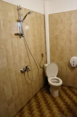 a bathroom with a toilet and a shower stall at Villa Burkopolis in Sozopol
