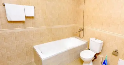 a bathroom with a toilet and a bath tub at Family Hotel Varna in Varna City