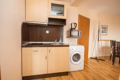 a kitchen with a sink and a washing machine at Villa Tuna in Sveti Vlas