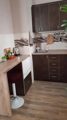 a small kitchen with a counter and a sink at Apartment Larissa in Pomorie
