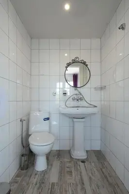 a bathroom with a toilet and a sink and a mirror at Hostel Musala in Varna City