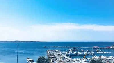 a bunch of boats are docked in a harbor at Villa Victoria - a luxury appartment with icredible Seaview in Sozopol