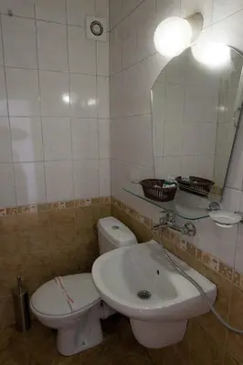 a bathroom with a sink and a toilet and a mirror at Cherry Garden Apartments in Sveti Vlas