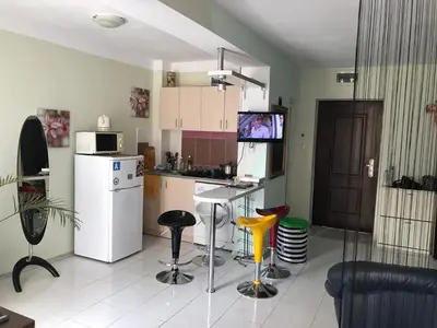 a kitchen with a refrigerator and a table with chairs at Alice Apartment in Obzor