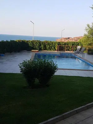 a swimming pool with a bush in a yard at Apartment Zora in Sozopol
