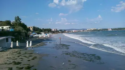 a beach with white umbrellas and the ocean at Hotel Blian in Ravda
