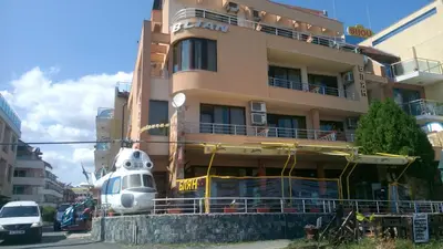 a large building with a giant inflatable pikachuteriorterior at Hotel Blian in Ravda