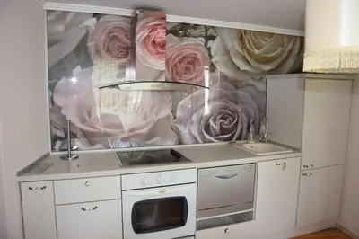 a kitchen with a mural of roses on the wall at Нестандартно Бутиково студио за двама Романтика in Varna City