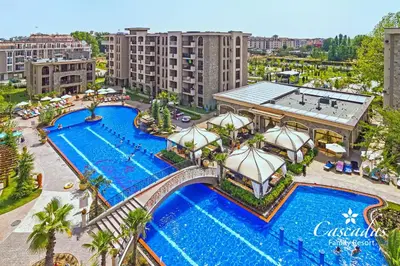 an overhead view of a pool at a resort at Cascadas Family Resort in Sunny Beach