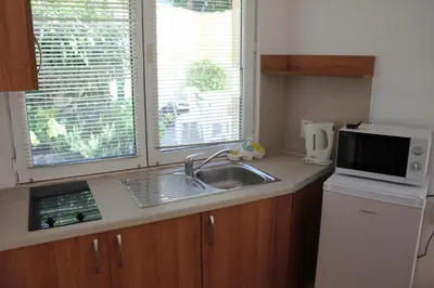 a kitchen with a sink and a microwave and two windows at Hotel Radik in Sozopol