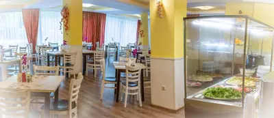 two images of a restaurant with tables and chairs at Sozopoli Style Club in Sozopol