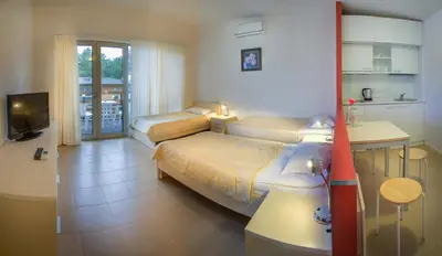 a hotel room with two beds and a television at Вилно селище 