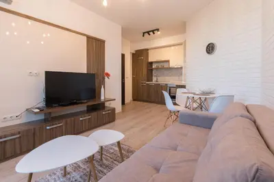 a living room with a couch and a tv at City Apartments Triumph in Varna City
