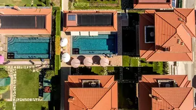 an overhead view of a house with a swimming pool at Villa EM in Lozenets