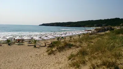 a beach with umbrellas and chairs and the ocean at Nedev's Apartments in Kavatsi Area in Sozopol