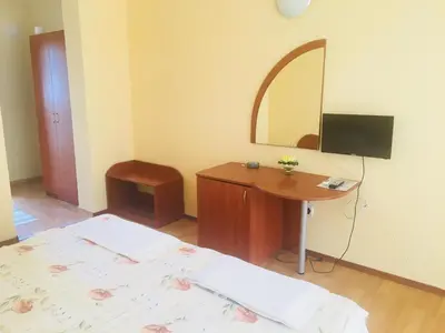a bedroom with a bed and a desk and a mirror at Hotel Elmaz in Lozenets