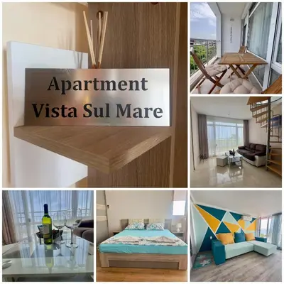 a collage of pictures of a room with furniture at Vista Sul Mare in Burgas City