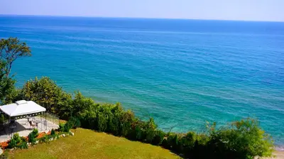 an aerial view of the ocean from a resort at Апартаменти Бяла Клиф на плажа - Apartments Byala Cliff First Line in Byala