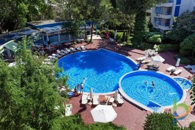an overhead view of a swimming pool at a hotel at Excelsior Holiday Apartments Sunny Beach in Sunny Beach