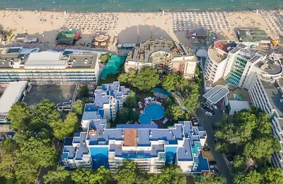 an aerial view of a resort near the beach at Excelsior Holiday Apartments Sunny Beach in Sunny Beach
