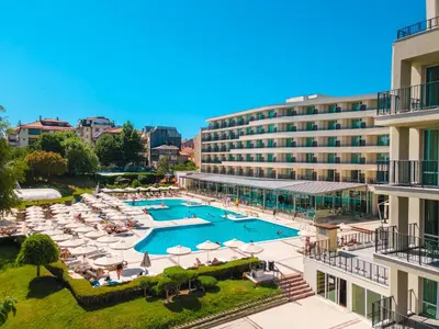 an aerial view of a hotel with a swimming pool at Festa Panorama Hotel in Nesebar