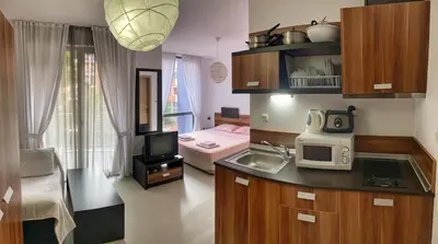 a kitchen with a sink and a room with a bed at Rainbow 3 Apartment-studio 223 in Sunny Beach