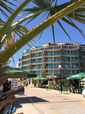 a large building on the beach with a palm tree at Briz Beach Apartments in Sunny Beach