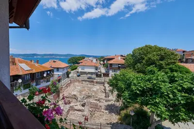 an aerial view of a town with houses and trees at Hotel Saint John Baptist Nessebar in Nesebar