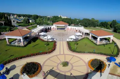 an overhead view of a park with a pavilion at Duni Marina Beach Hotel - All Inclusive in Sozopol