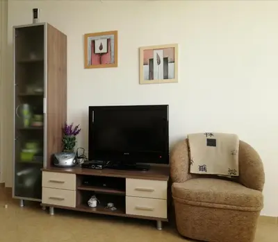 a living room with a chair and a flat screen tv at DEA Pasavan Apartments in Ravda
