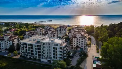 an aerial view of a city and the ocean at Long Beach Resort in Shkorpilovtsi